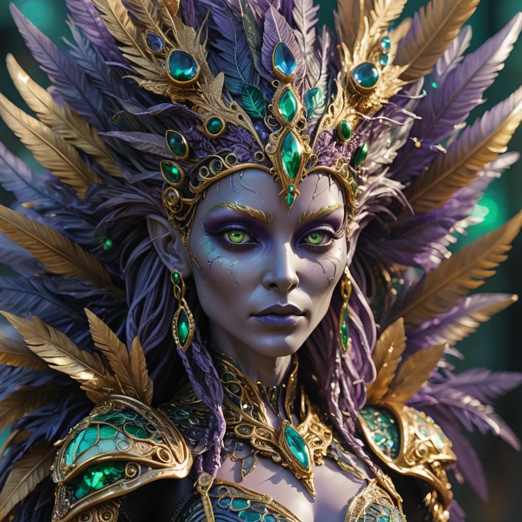 Alien Female Sculpture with Emerald Gemstone, Cinematic Ligh...