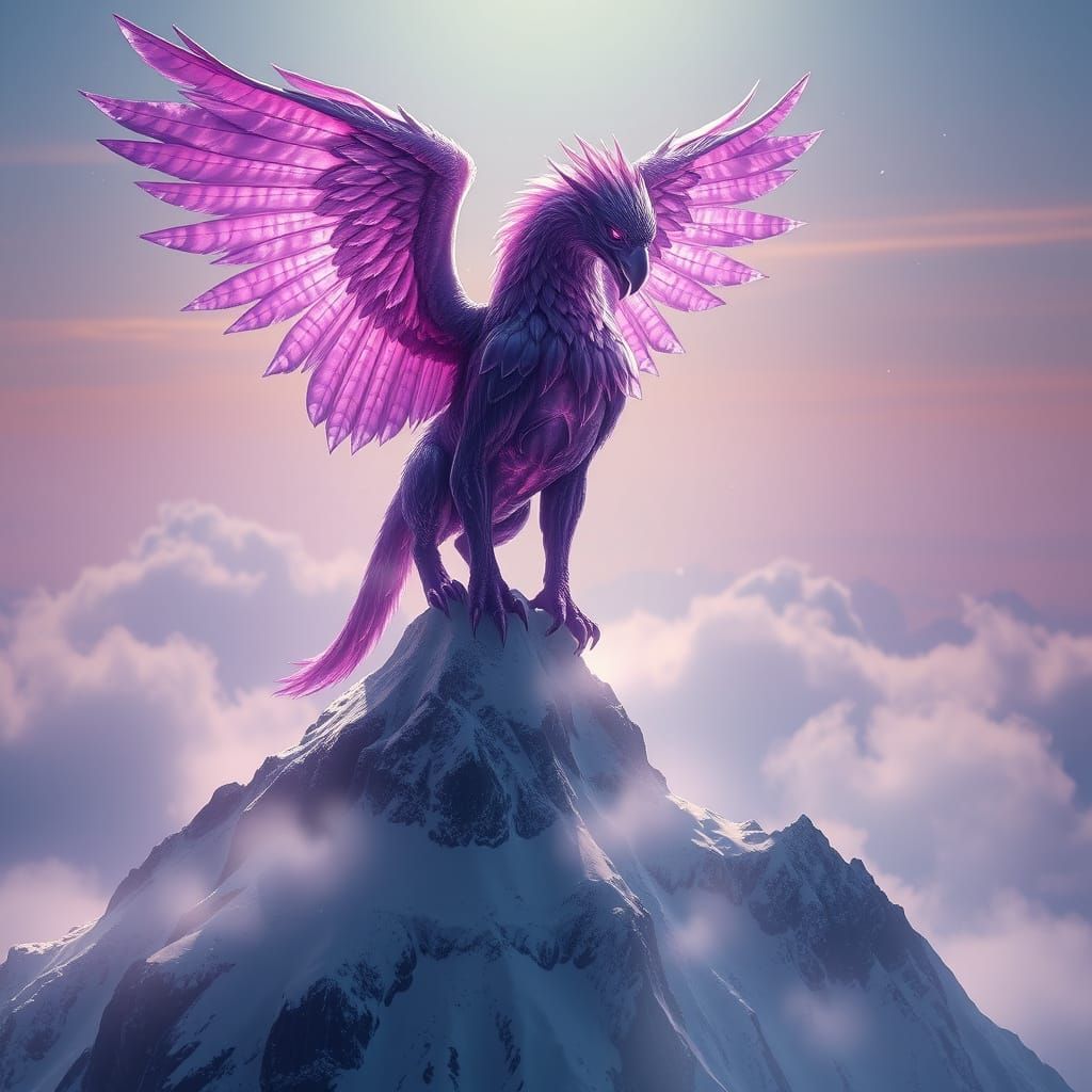 Amethyst Griffin Overlooking Misty Valley in Astral Style