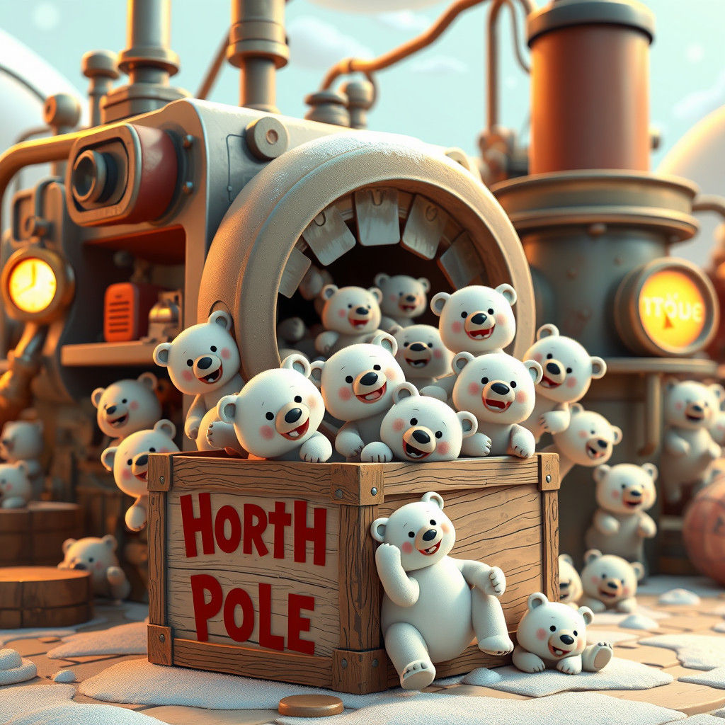 Cartoon Polar Bear Factory Inspired by Pixar and Miyazaki