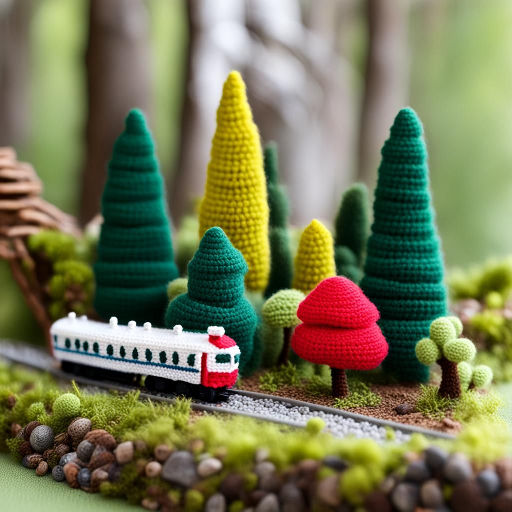 Crocheted Miniature Forest with Model Train