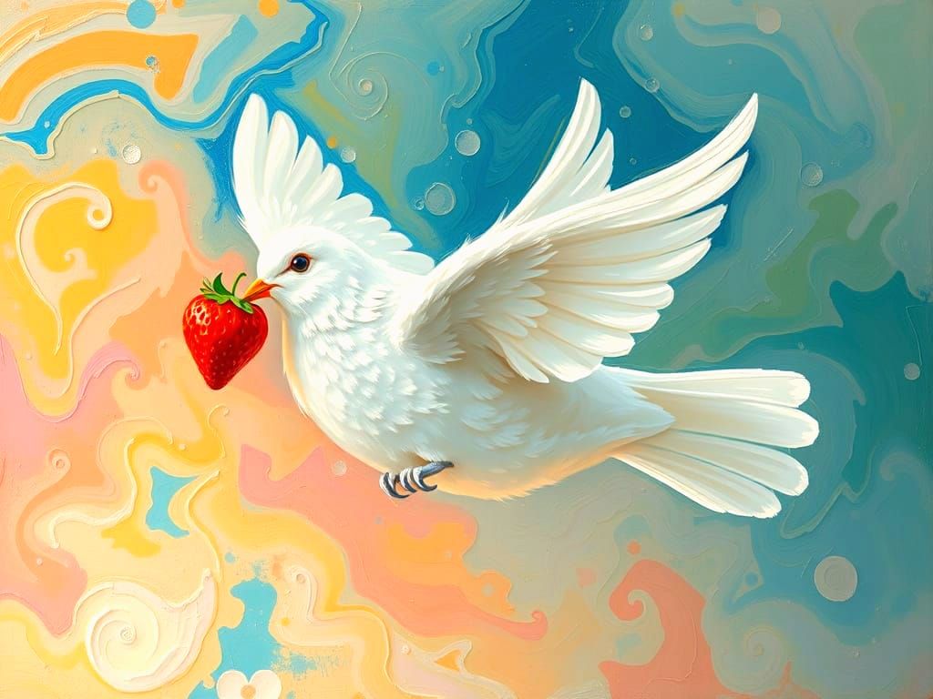 Whimsical Dove Flies with Strawberry in Abstract Sky