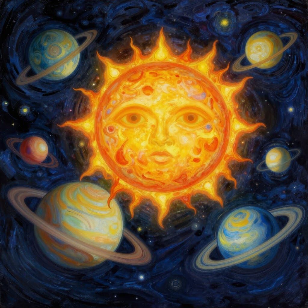 Cosmic Grandeur: Sun and Planets in Van Gogh Style