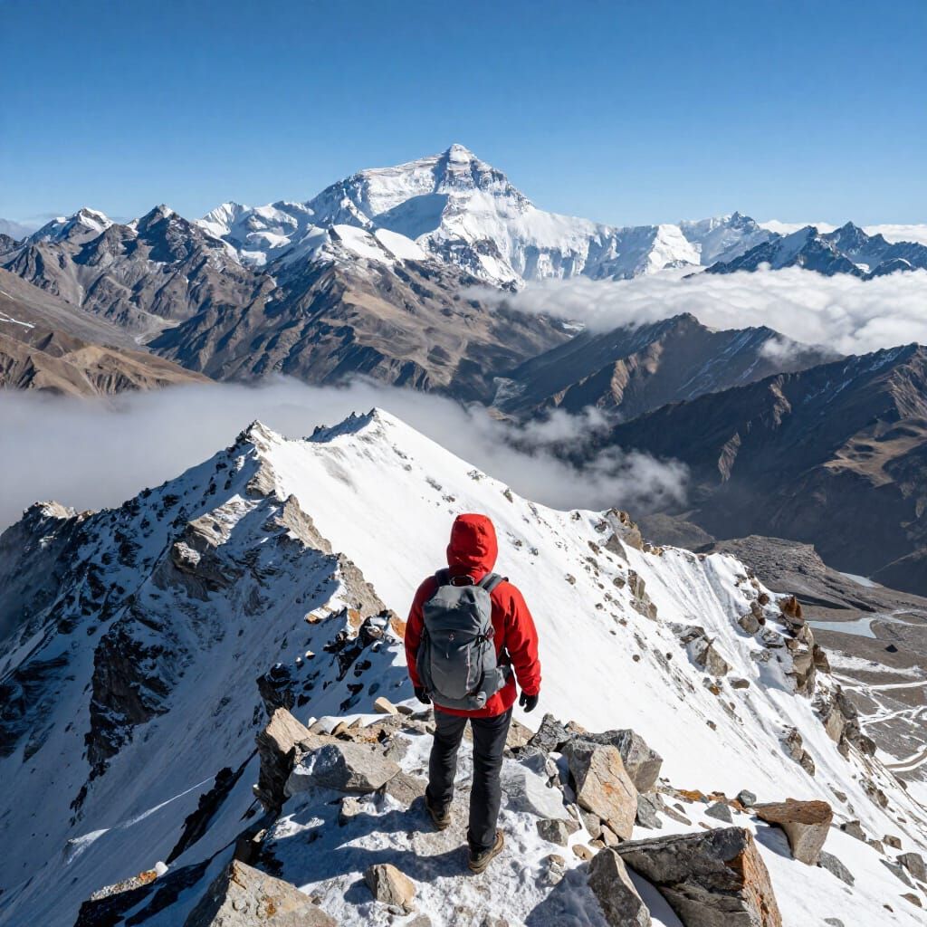Mount Everest Summit View: Climber Gazes Down from Peak