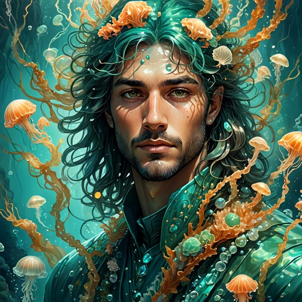 Ethereal Man in Underwater Realm: Fantasy Art