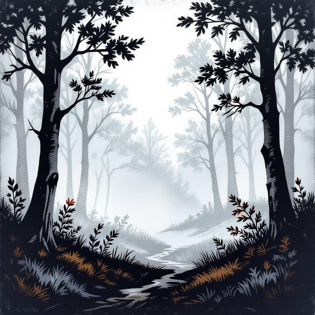 Linocut Print of a Foggy Landscape