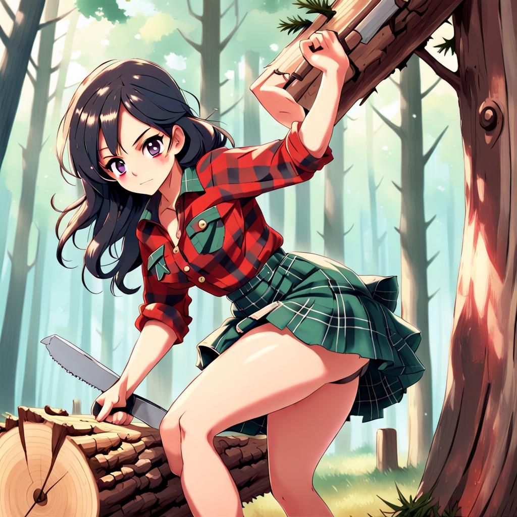 Lumberjack Anime Girl Sawing a Tree