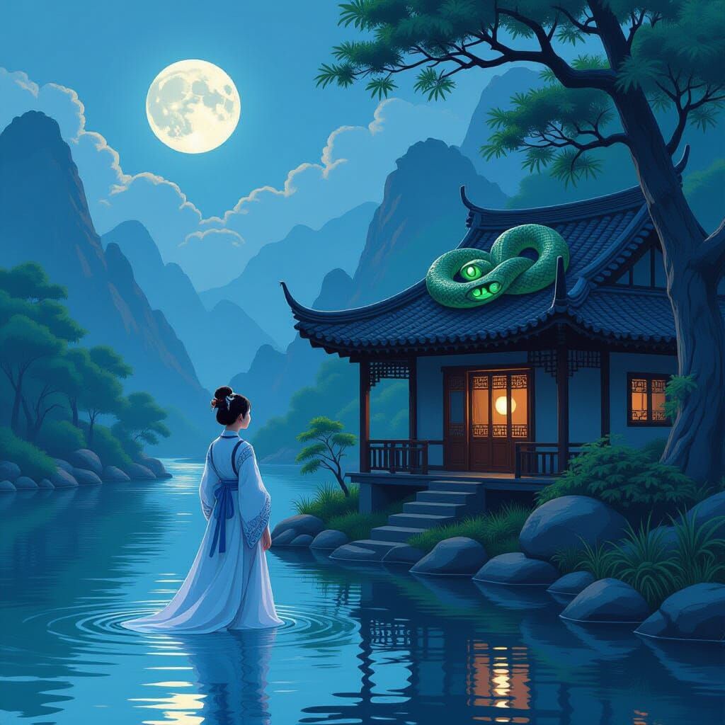 Girl in Hanfu with Snake by Moonlit River