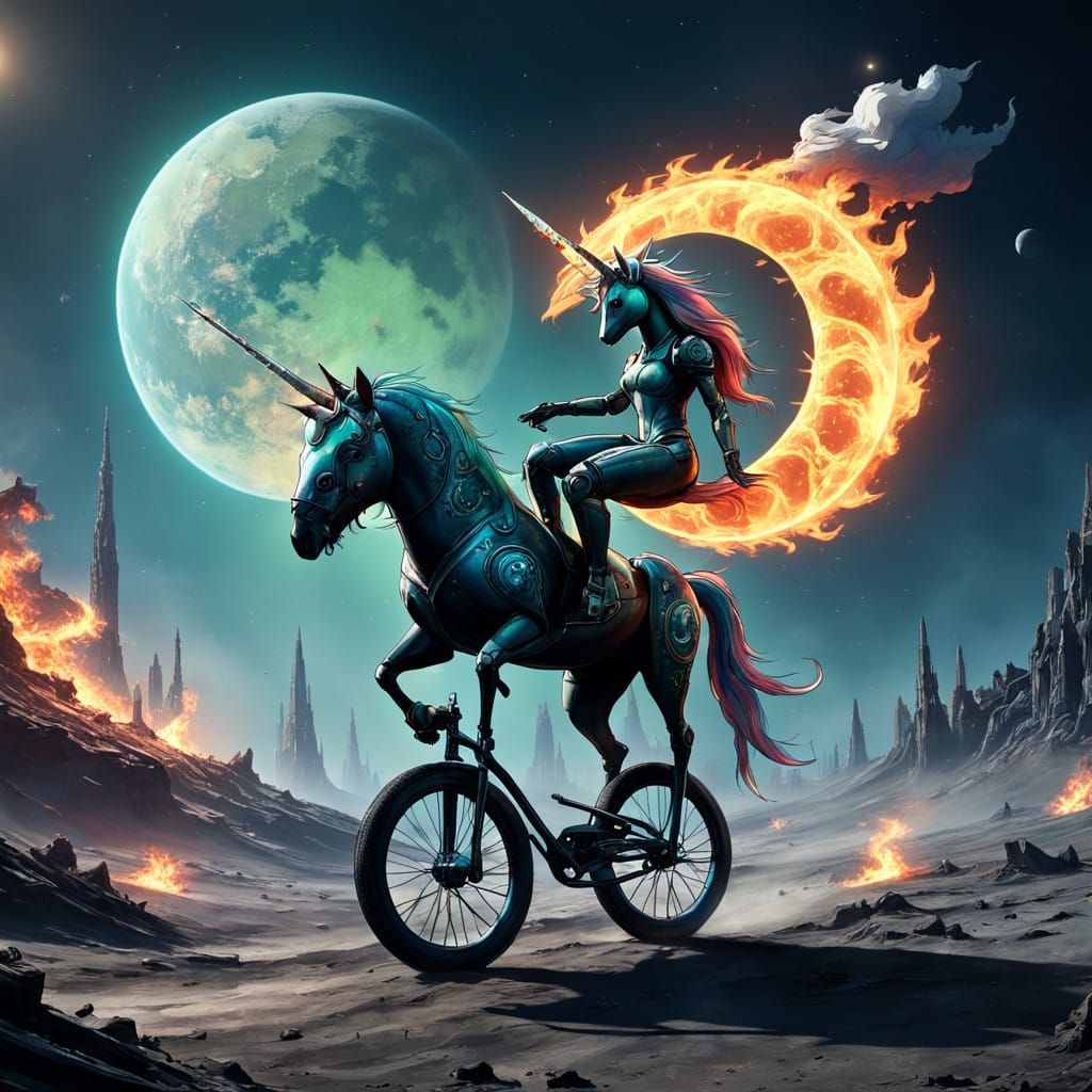 Ethereal Unicorn Rides Lunar Unicycle in Cyberpunk Style