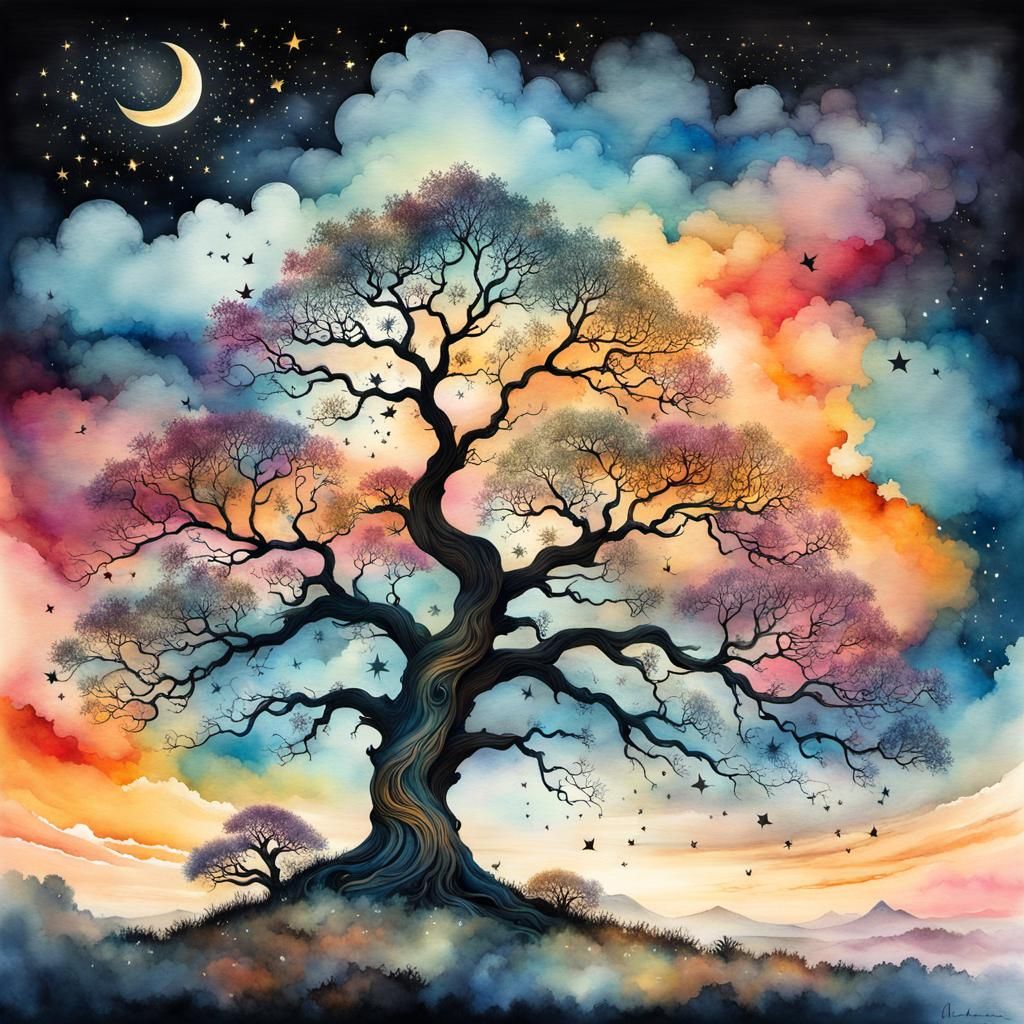 Wild Oak Tree with Mystic Sunset in Watercolor