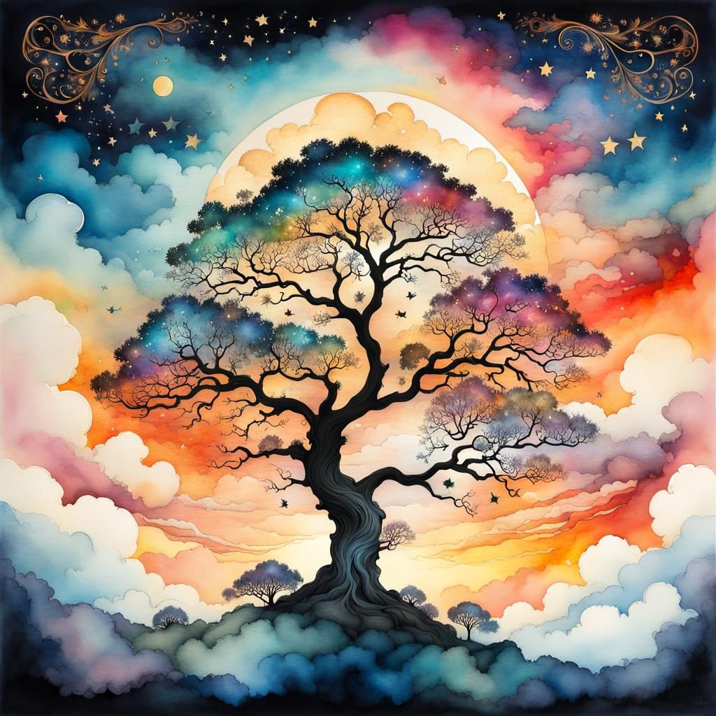 Mystic Oak Tree Sunset: Watercolor and Ink Art