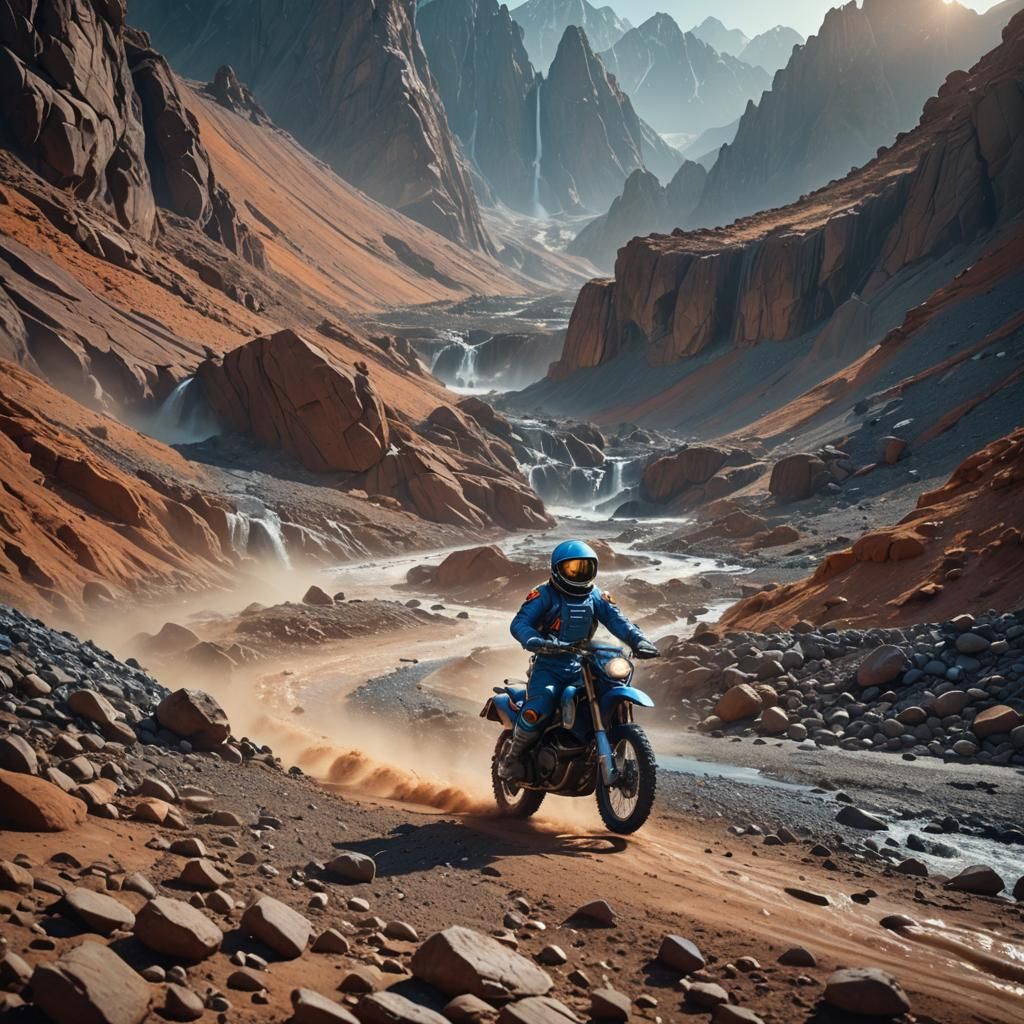 Astronaut on a Motorcycle in a Futuristic Martian Landscape