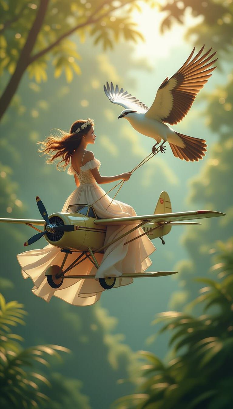 Girl Riding Airplane Held by Bird Over Dreamy Forest