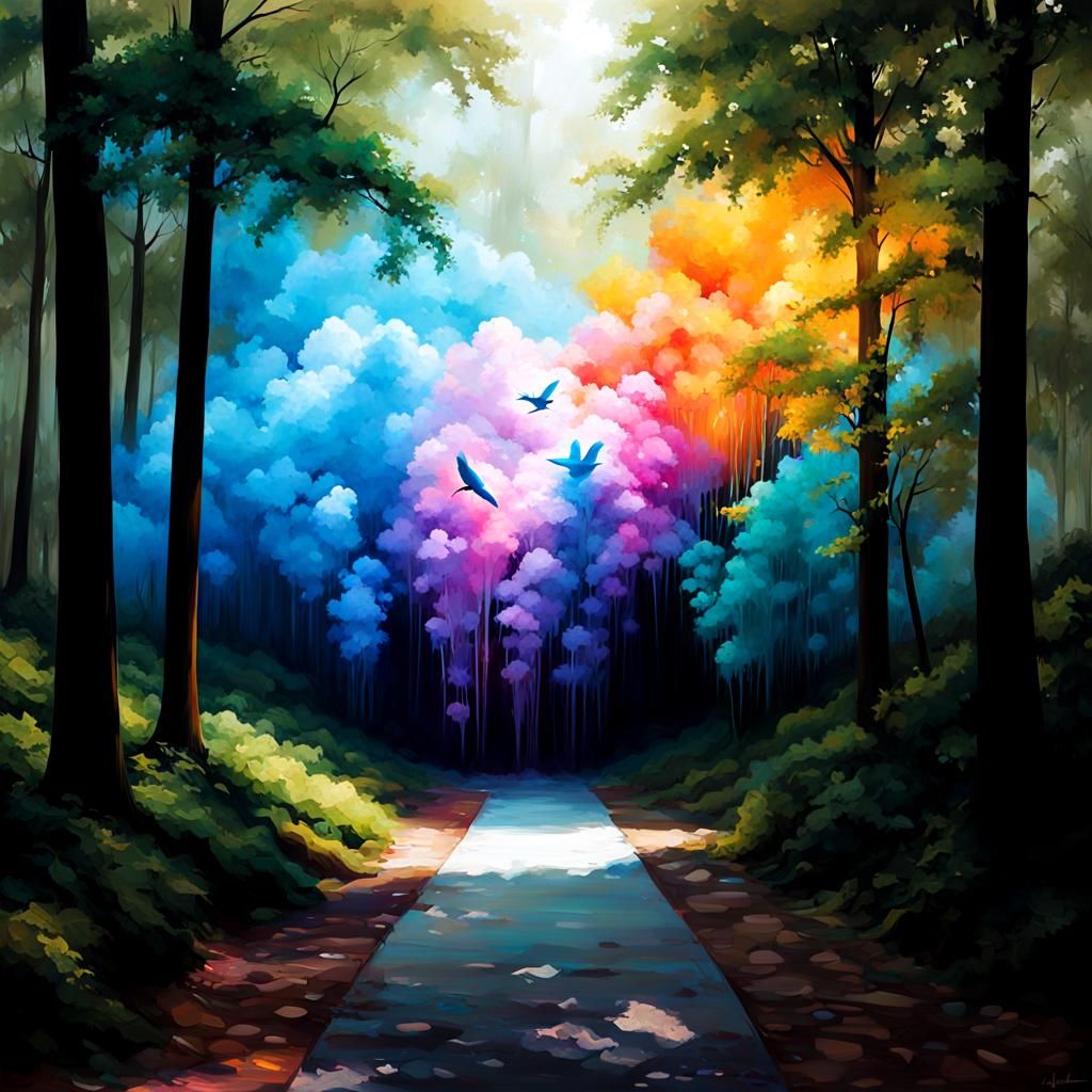 Landscape of Rainbow Trees: Picturesque Path through Forest ...