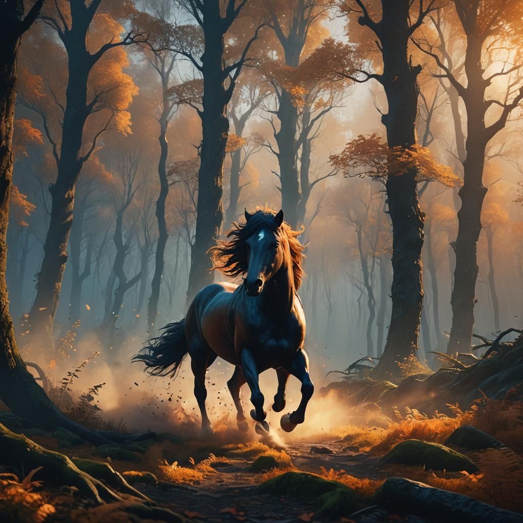 Mystical Mustang Galloping Through Ethereal Forest