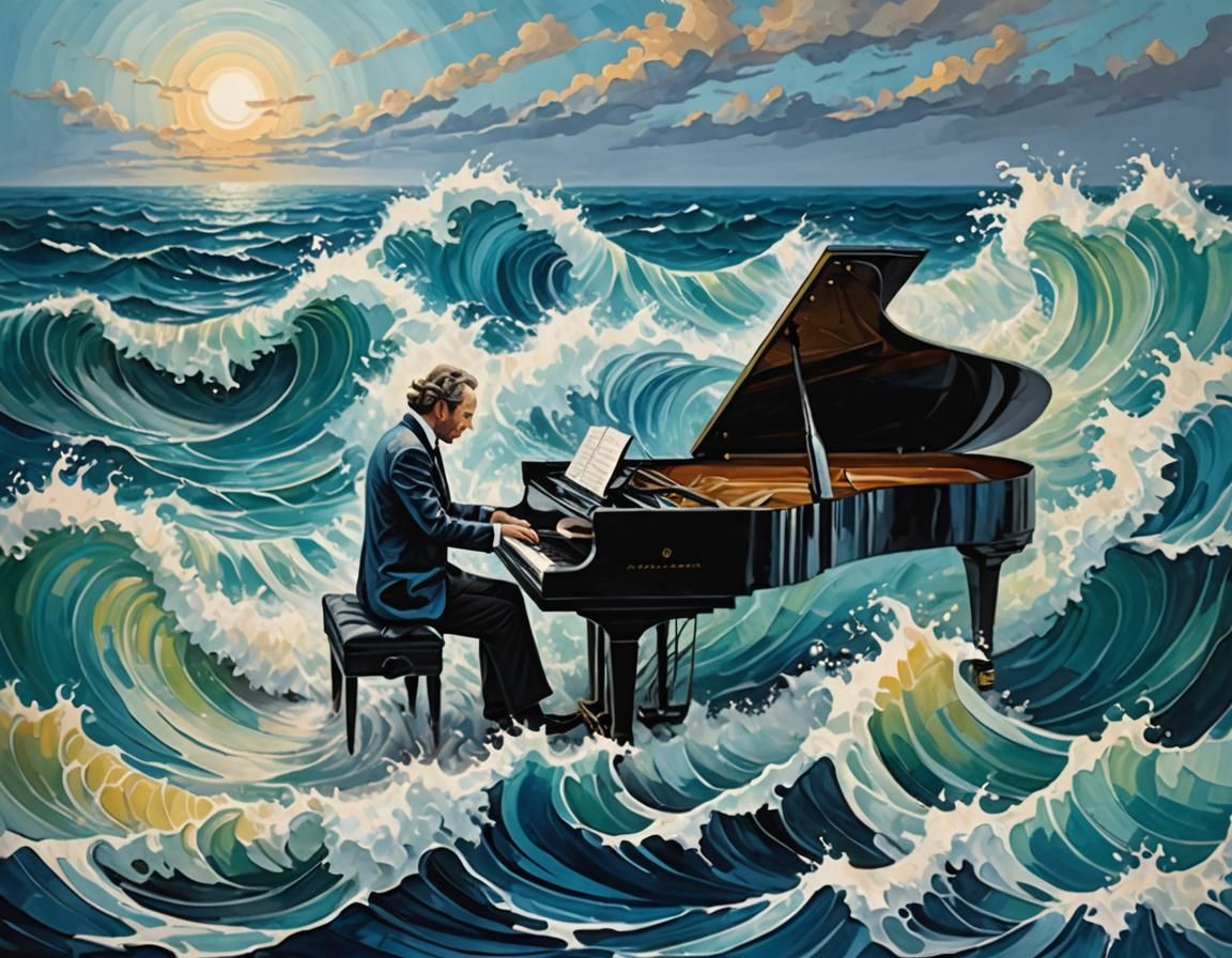 Surrealist Pianist Rocking on Ocean Waves