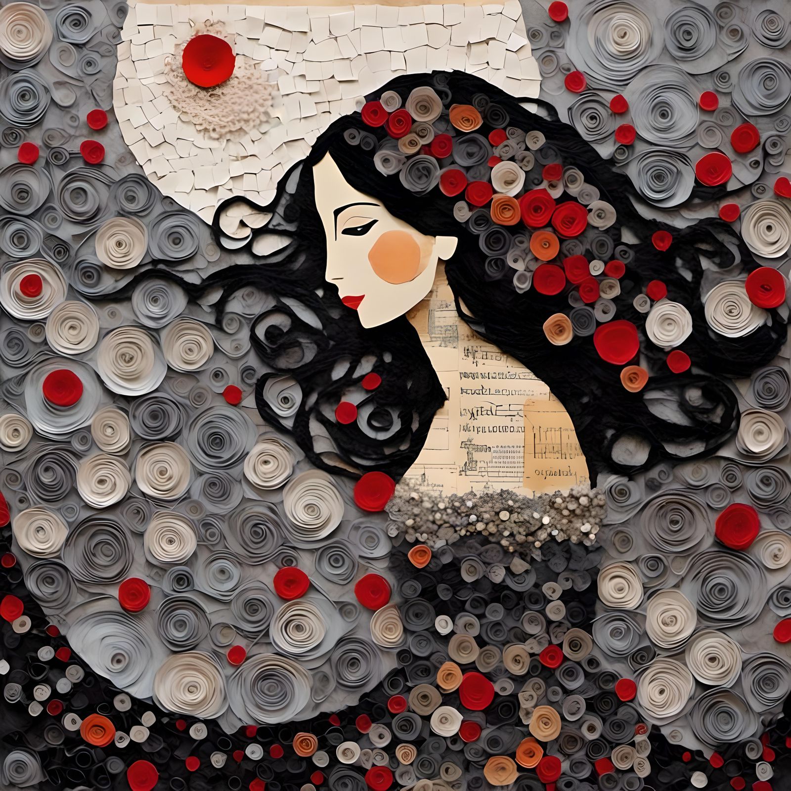 Latina Woman Portrait in Mixed-Media Collage Style