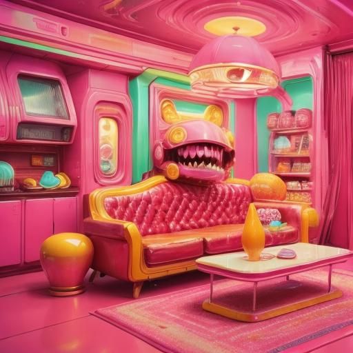 Retro Liminal Space with Strange Creature in Technicolor