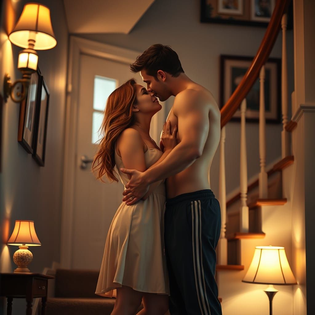 Couple's Intimate Moment at Staircase Bottom, Softly Lit Hom...