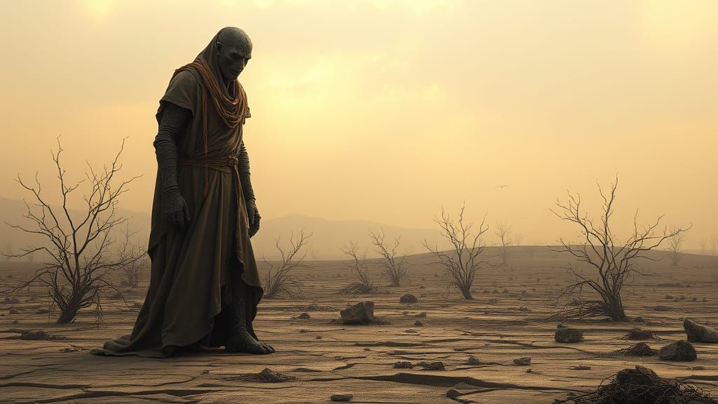 Stone Golem in Desolate Landscape, Digital Art