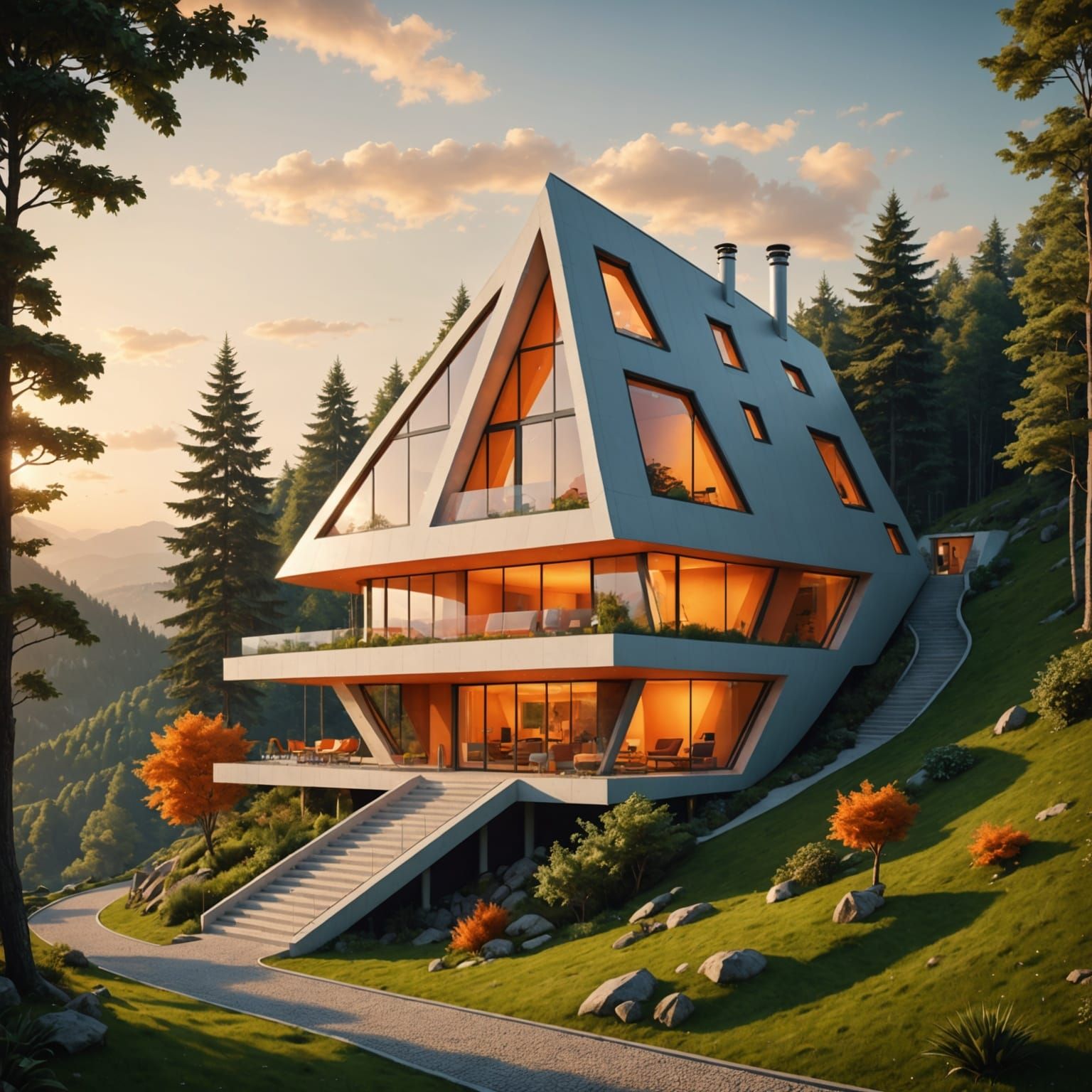 Surreal Futuristic Triangular House in Morning Light
