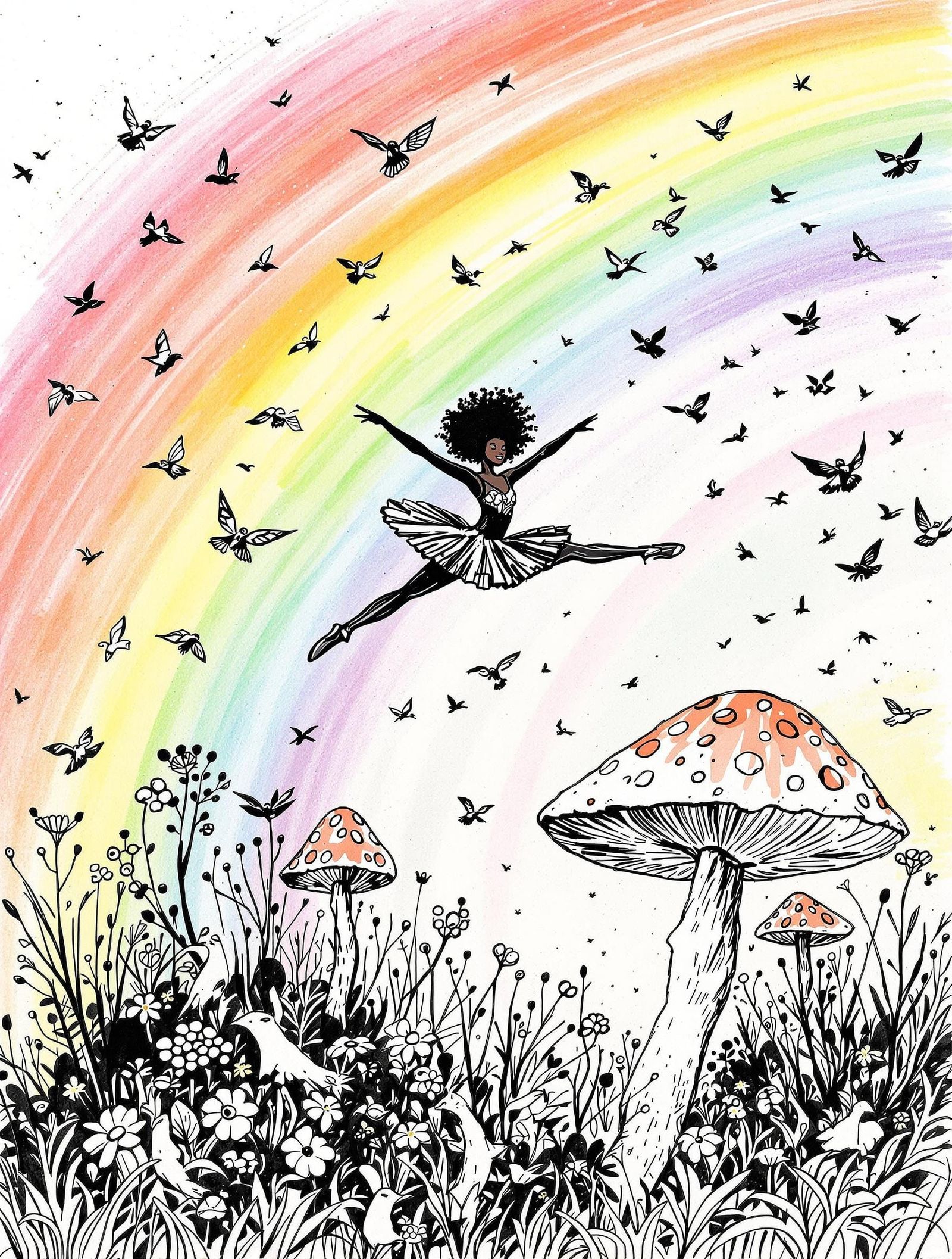 Whimsical Black Ballerina Leaps Among Birds in Rainbow Sky