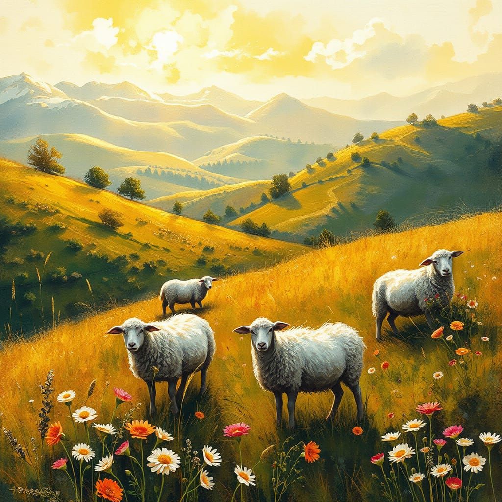 Surreal Landscape with Flocking Sheep and Glittering Sunligh...