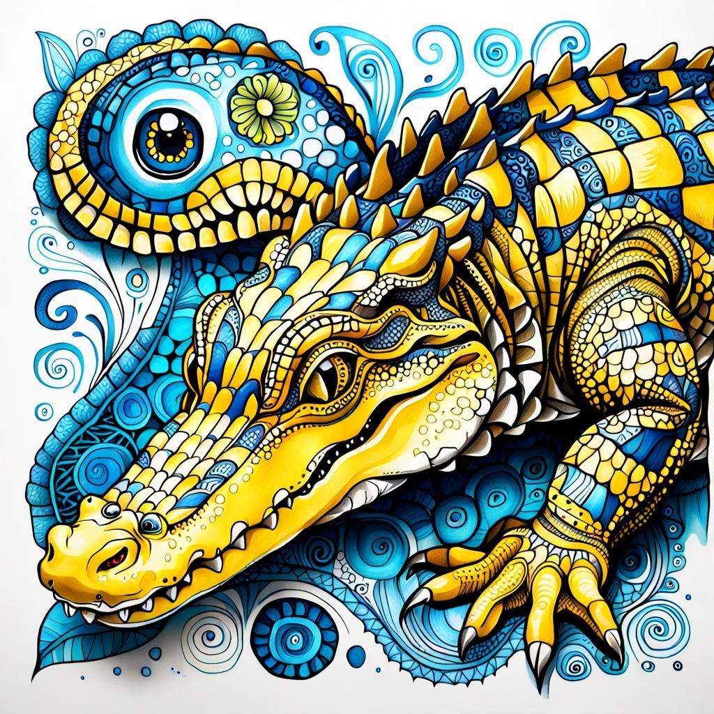 Yellow Zentangle Alligator Art
