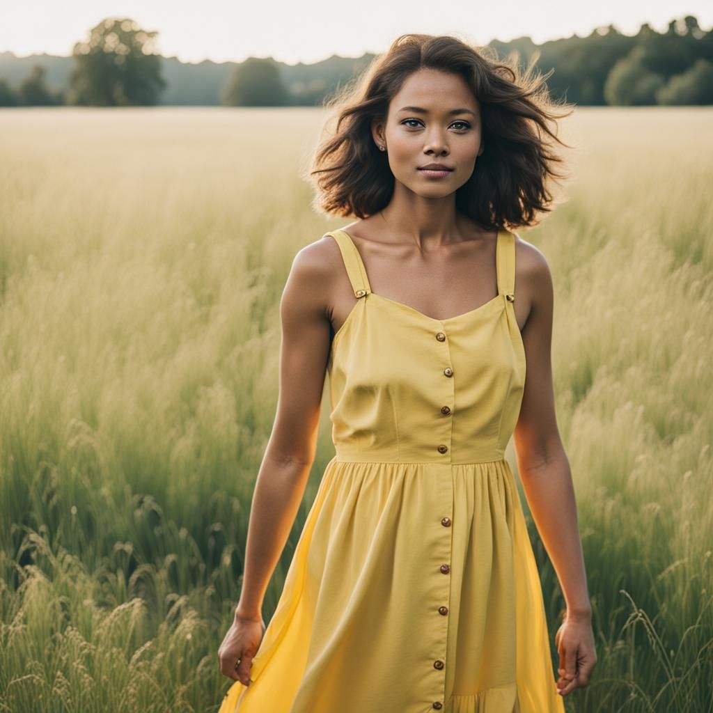 Woman in Yellow Dress in Grassy Field