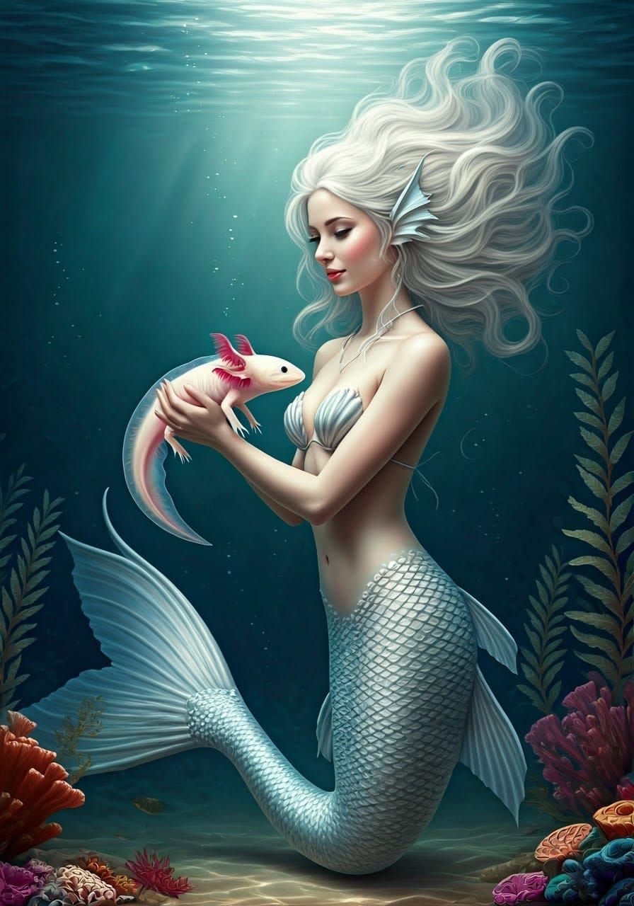 Serene Mermaid Gazing at Axolotl in Photorealistic Ocean Sce...