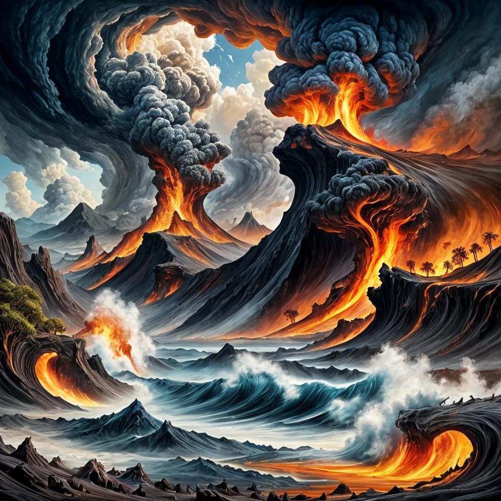 Cataclysmic Tsunami Crashing Volcanic Cliffs in Surreal Styl...