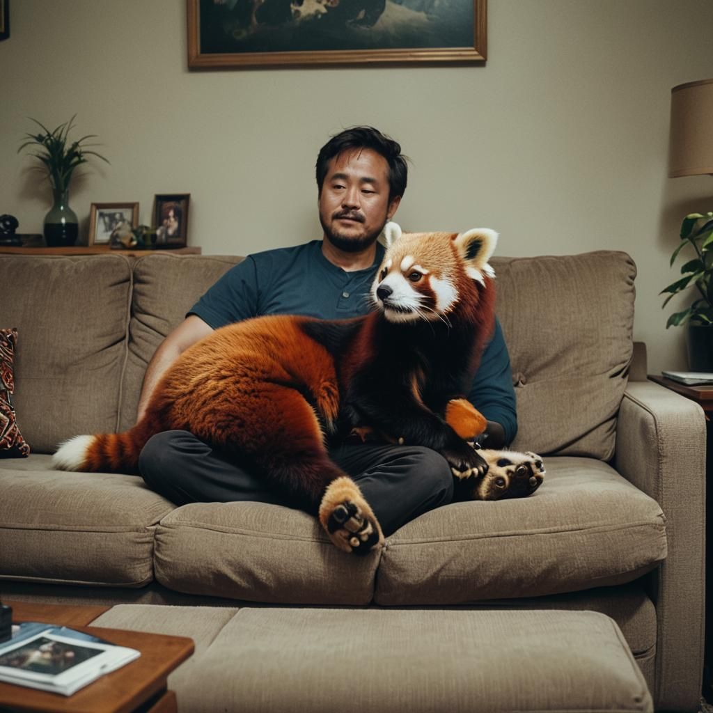 Man and Red Panda: Cinematic Living Room Scene
