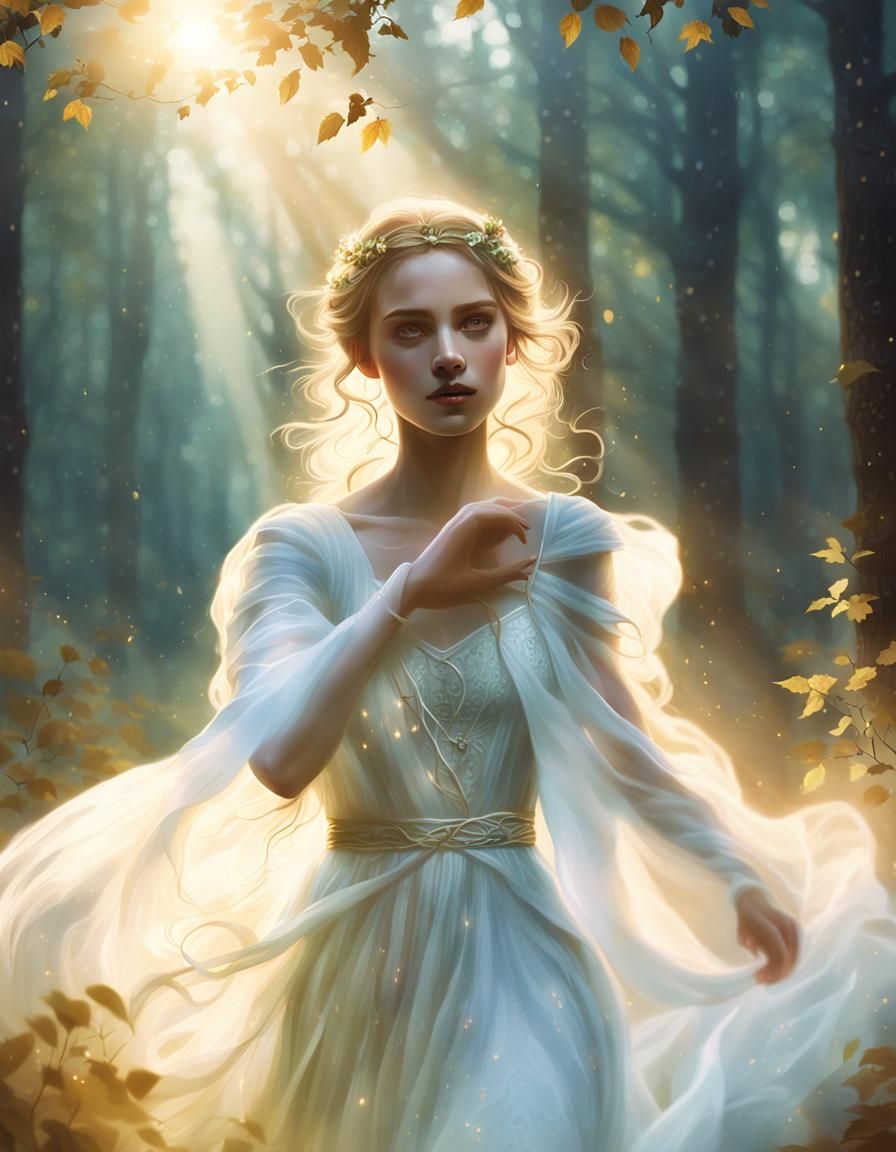 Dreamy Young Woman Rushes Through Misty Forest at Golden Hou...