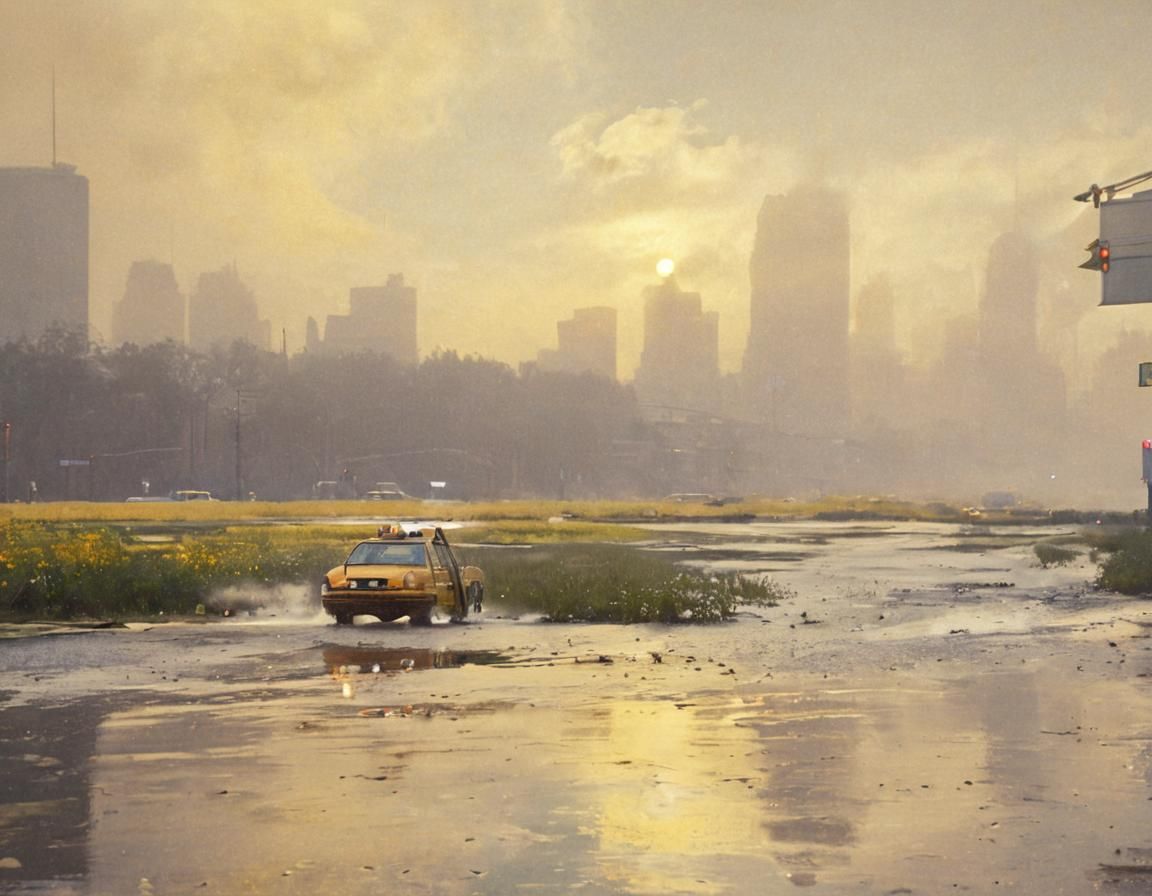 Yellow Cab in Foggy Cyberpunk City: Impressionist Style