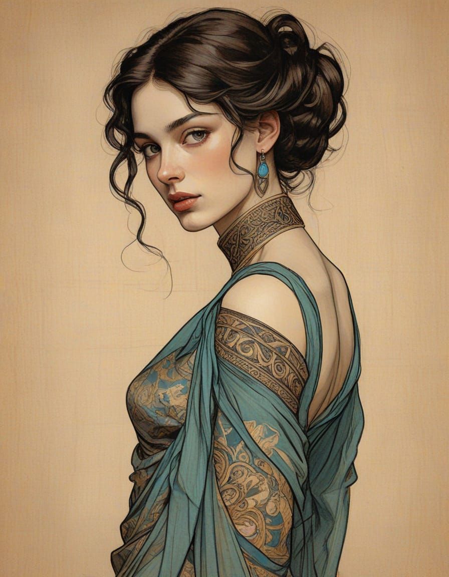 Elegant Lady in Distressed Charcoal Sketch