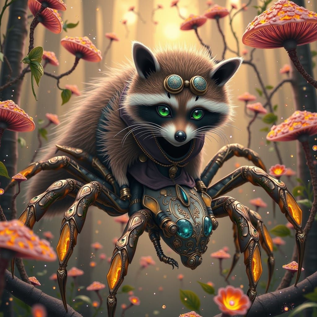 Steampunk Raccoon Rides a Robotic Spider