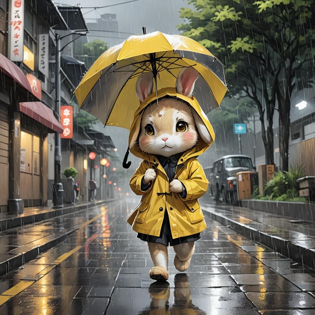 Cute Anime Rabbit in Rain with Umbrella