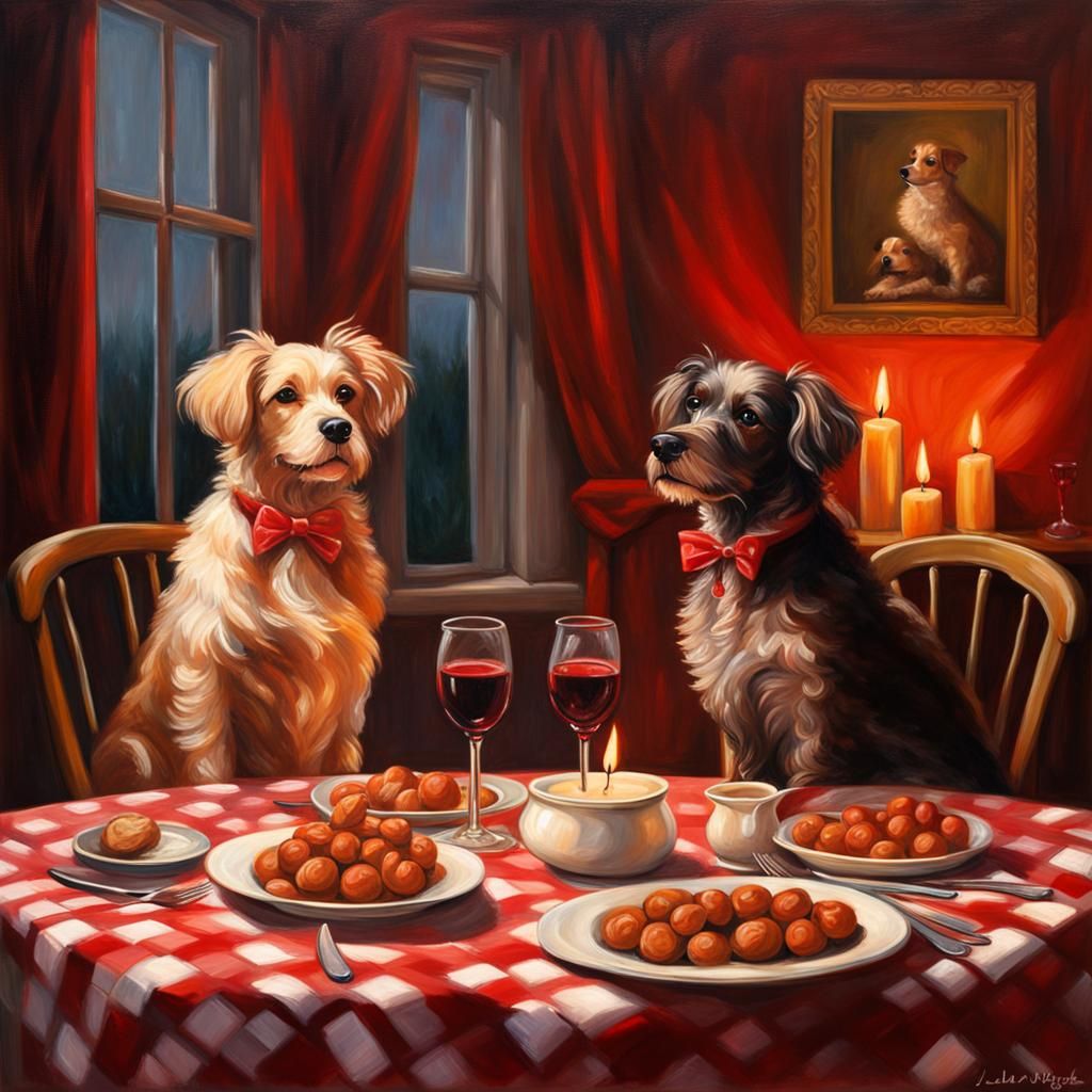 Romantic Dogs' Dinner: Oil Painting in Lady and Tramp Style
