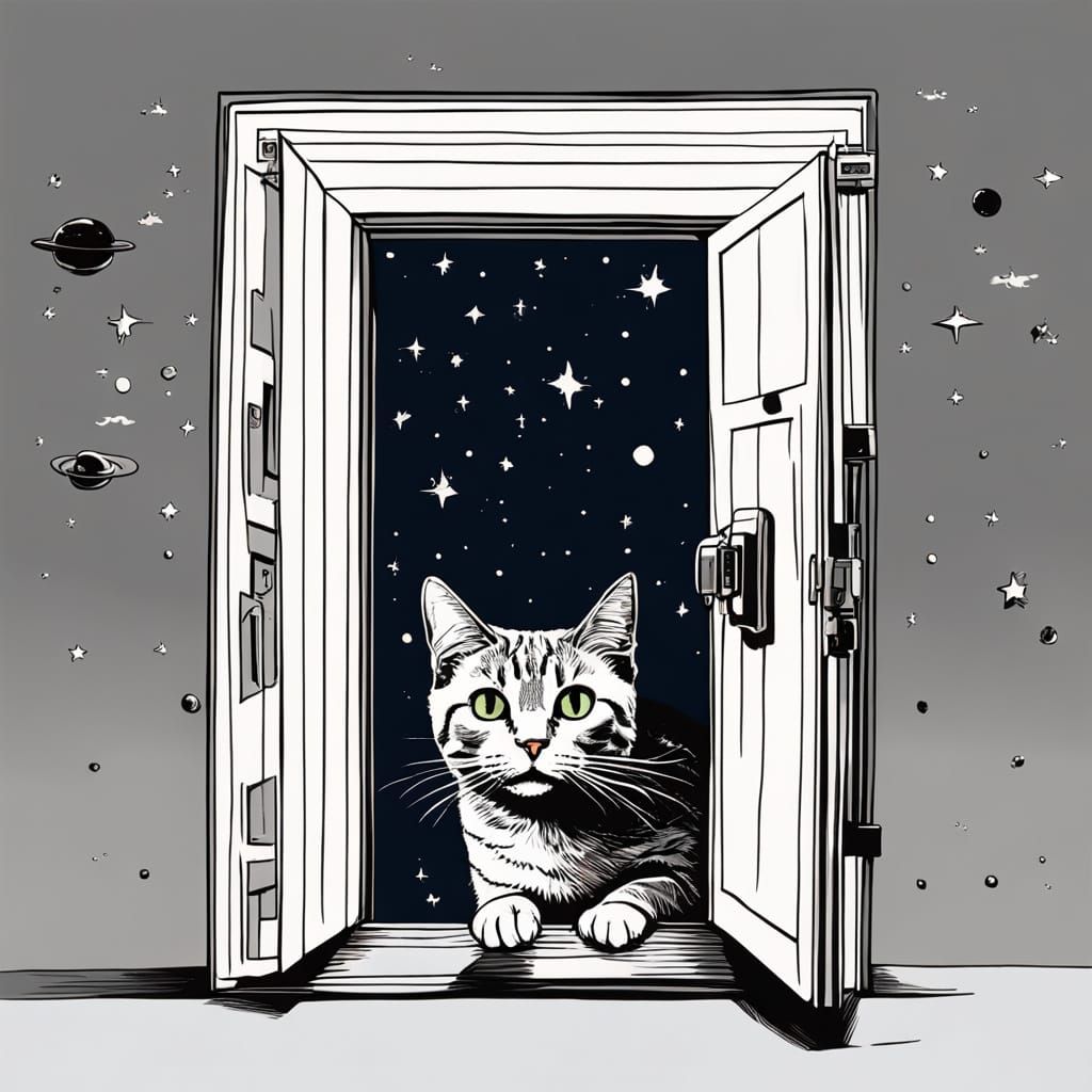 Surreal Cat Door in Deep Space, Abstract Art