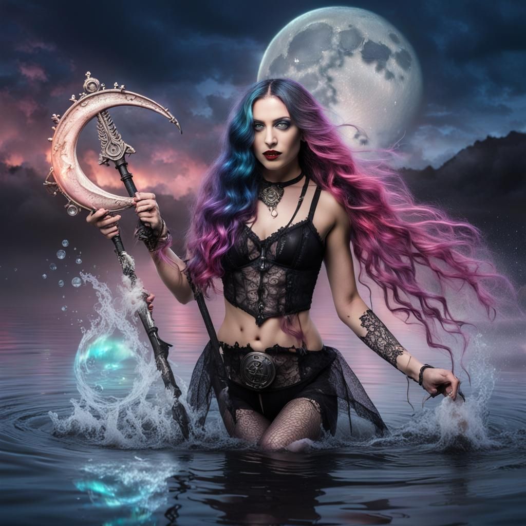 Steampunk Lady with Trident in Steamy Waters