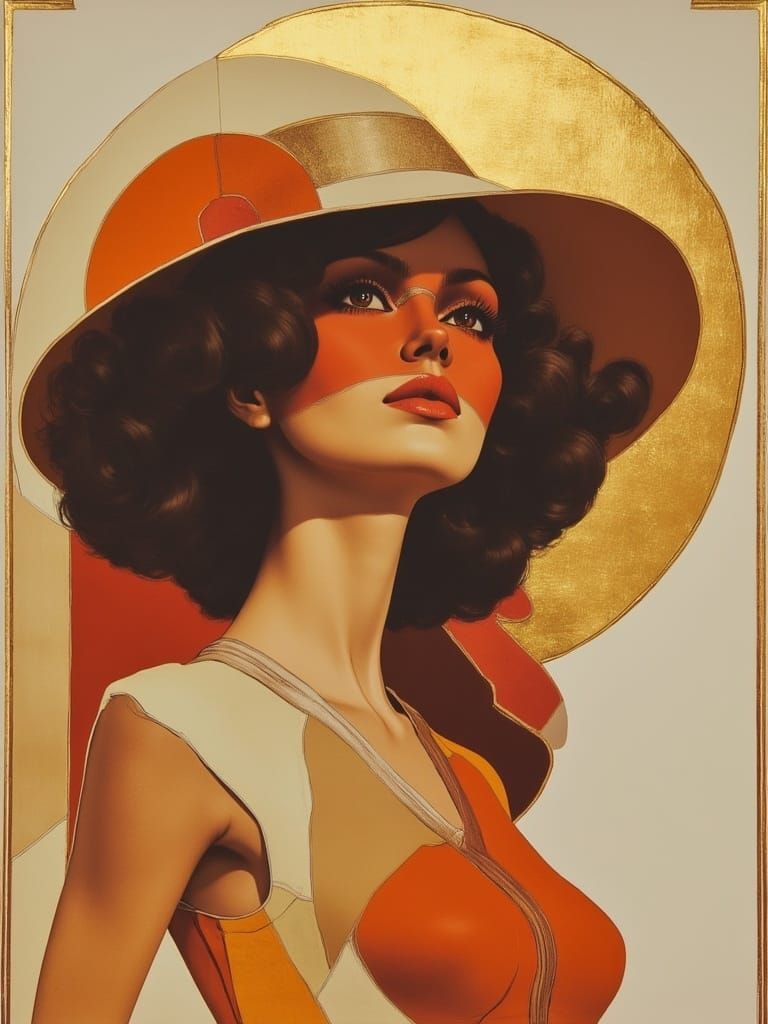 Woman with Swirling Hair in Geometric Art Deco Style