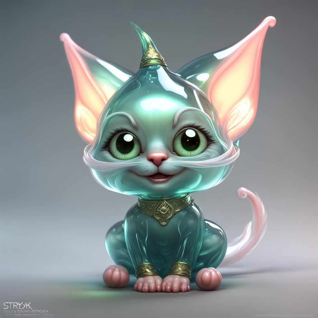 Giggling Elf-Cat Creature in Translucent Glass, Digital Pain...