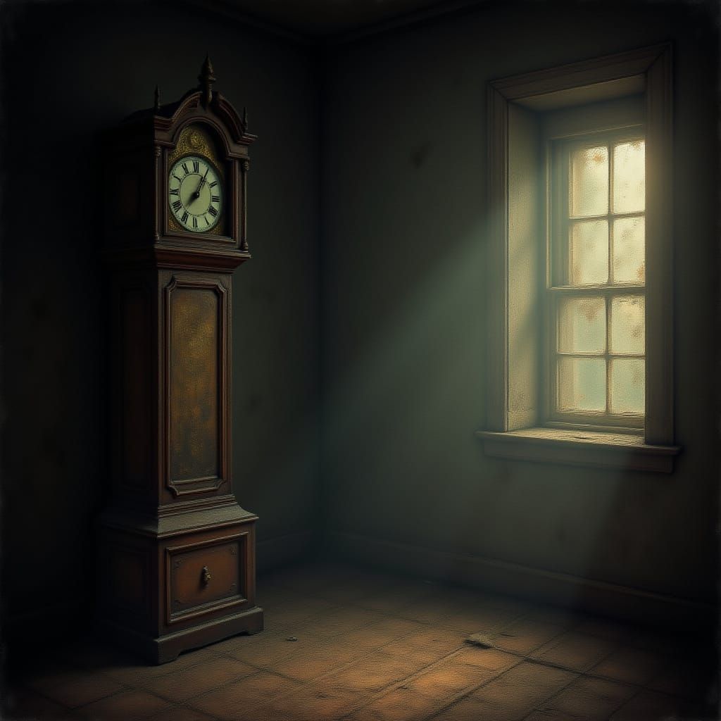 Antique Grandfather Clock in Dimly Lit Attic