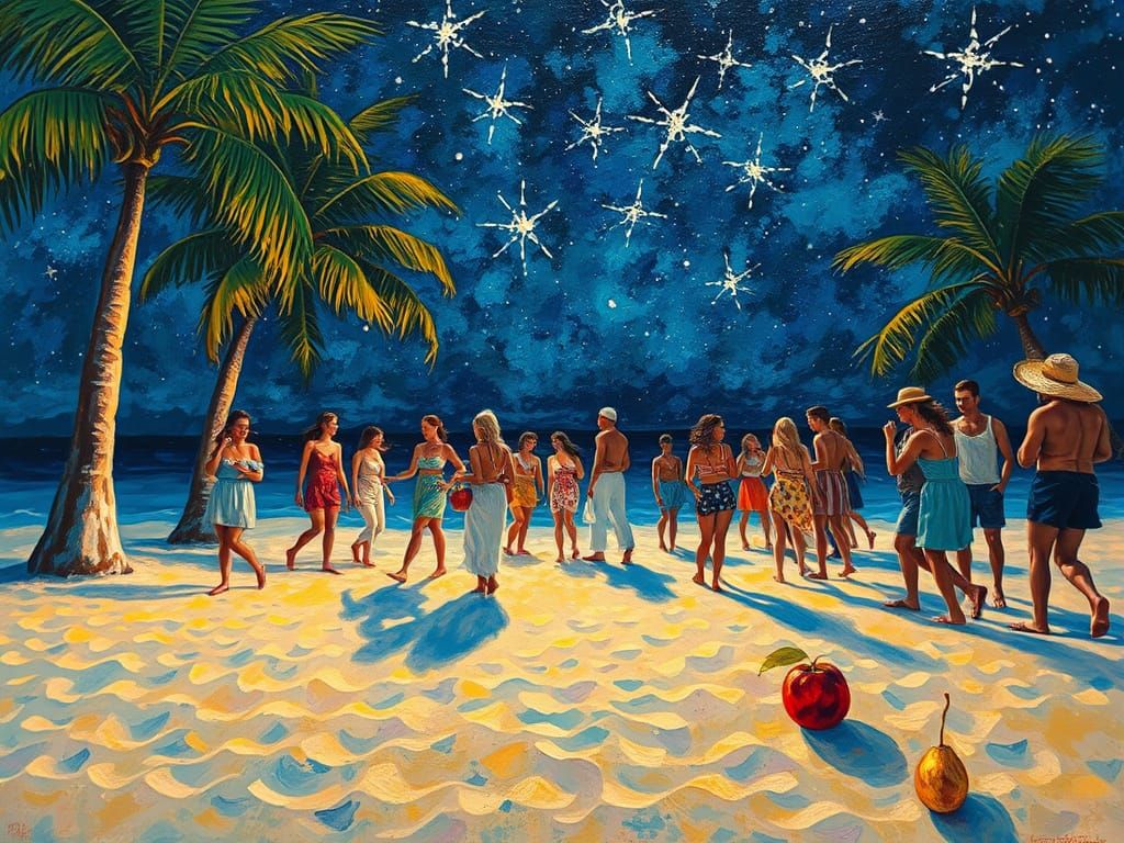 Starry Beach Party: Impasto Painting in Expressionist Style