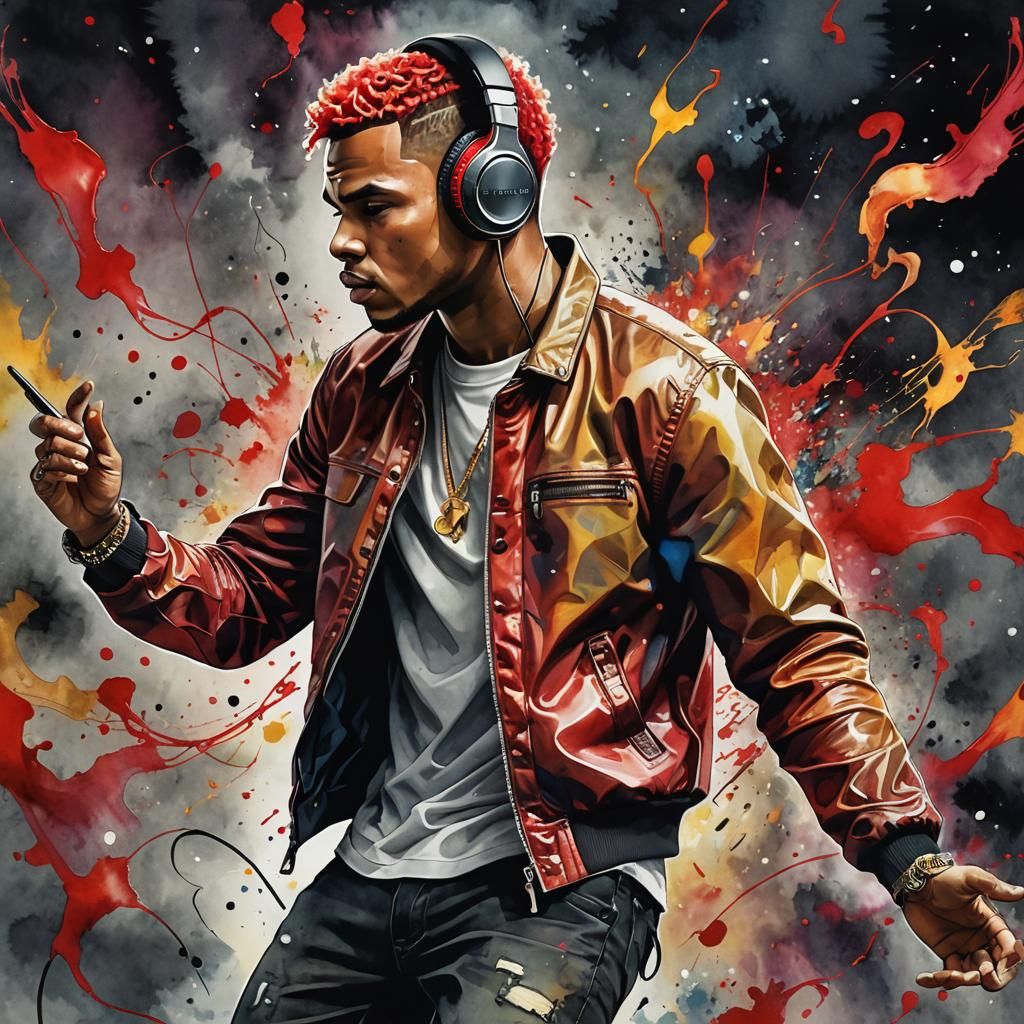 Dancing Black Man with Headphones in Watercolor Style
