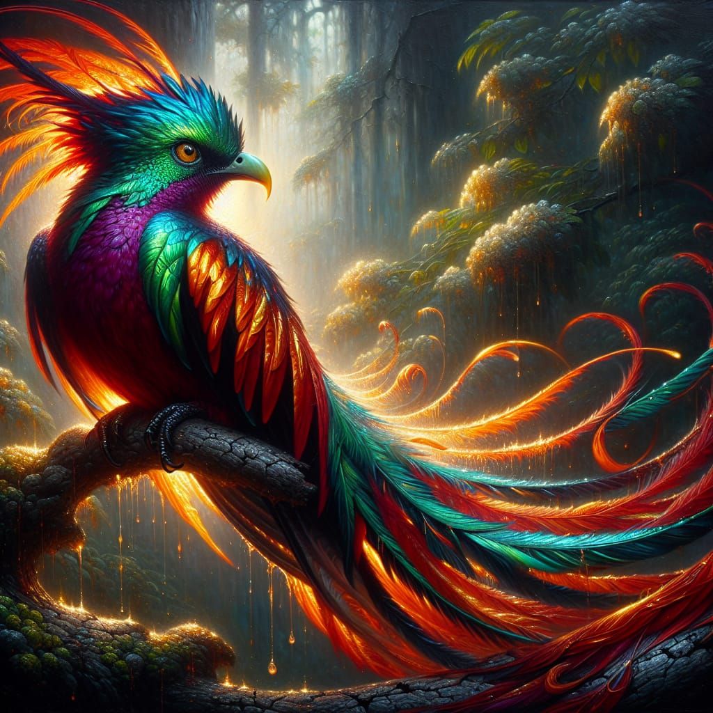 Fiery Quetzal Bird on Branch, Oil Painting