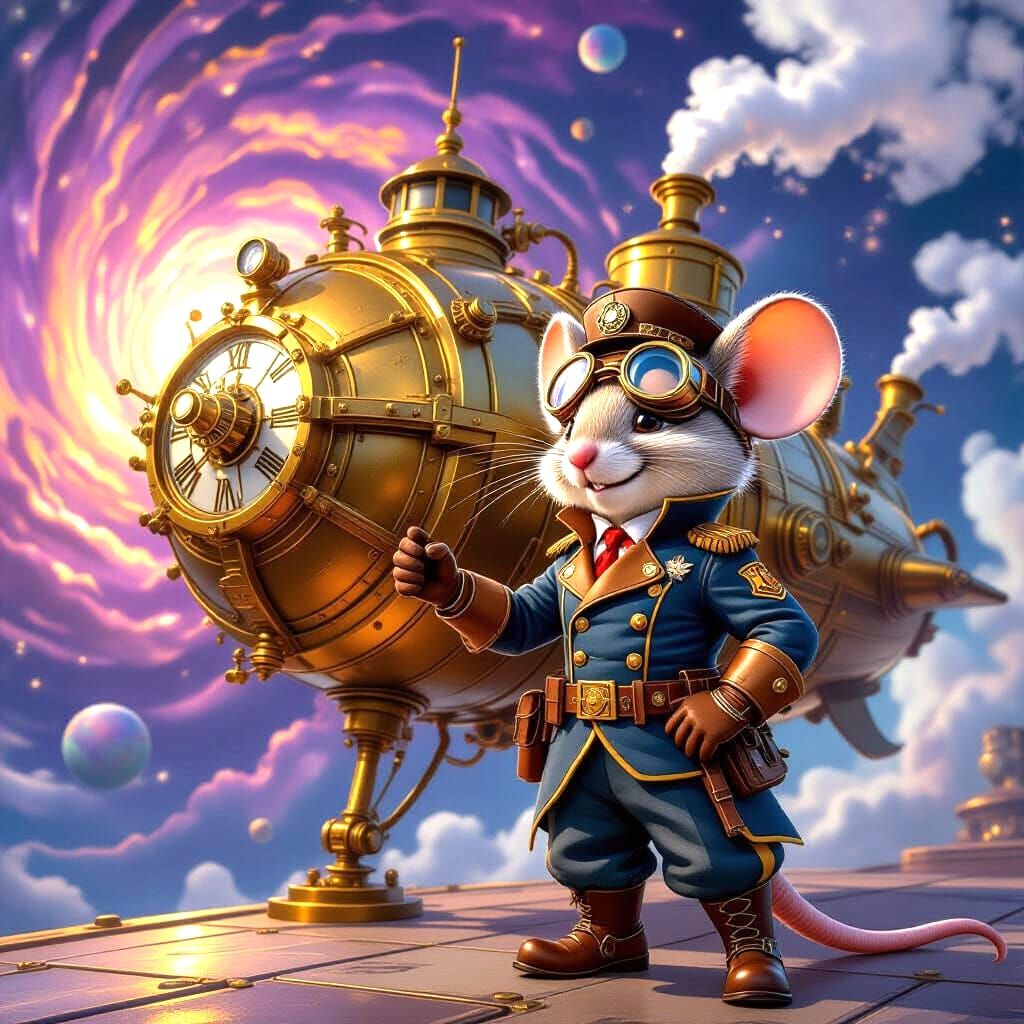 Steampunk Mouse Pilot Beside Ornate Clockwork Starship
