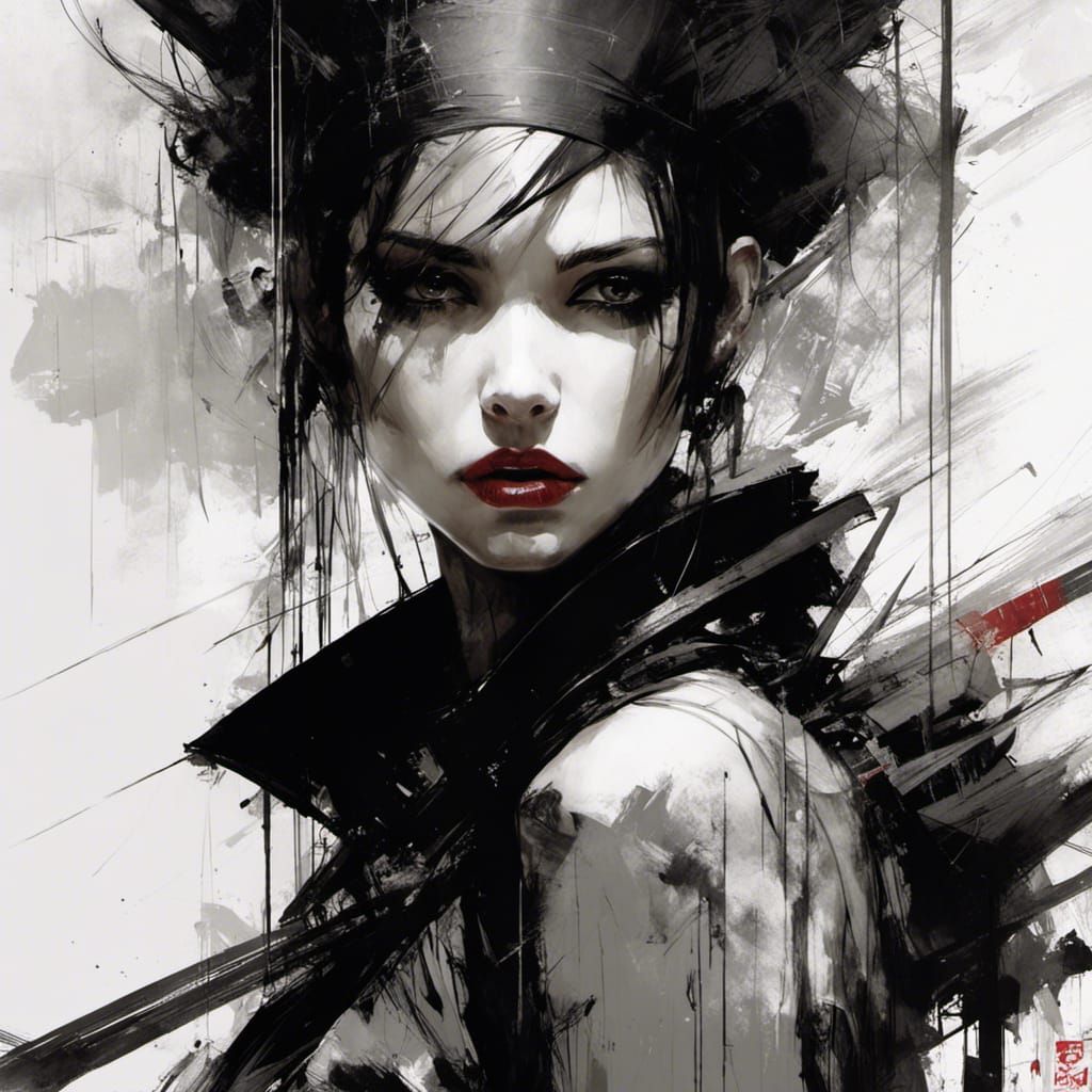 Goth Punk Girl Portrait in Abstract Line Art Style