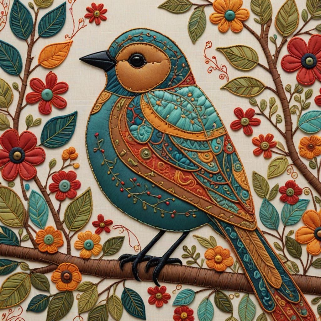 Charming Stitched Bird Illustration in Folk Art Style