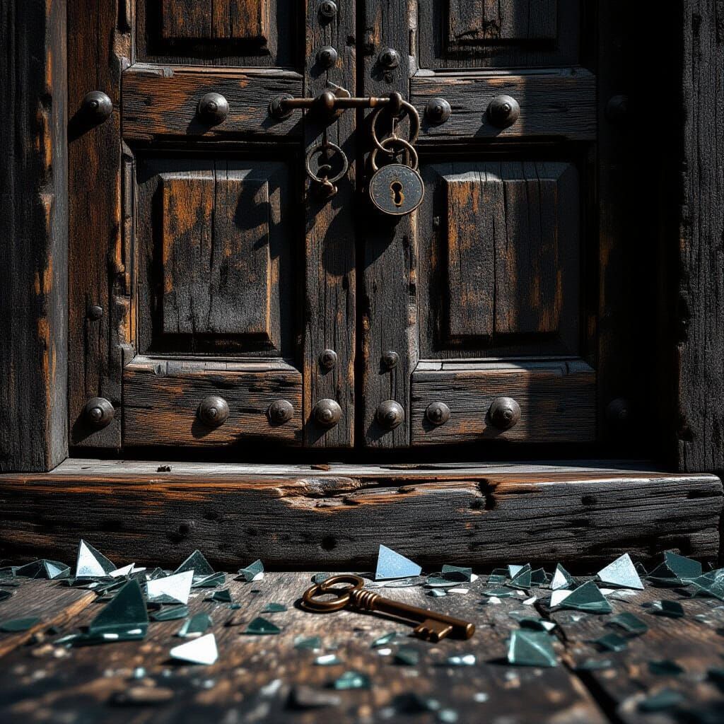 Ancient Wooden Doors with Hand-Forged Lock and Fallen Key