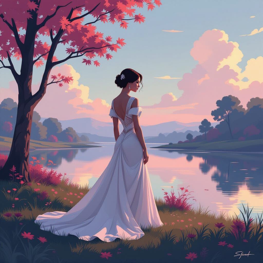 Elegant Woman in Dreamlike Landscape, Digital Art